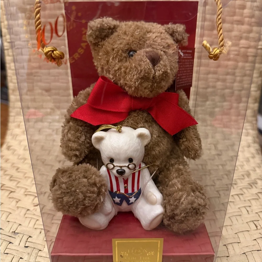 Lenox 100th Anniversary Brown and White Teddy Bear Set with Red Bow NIB